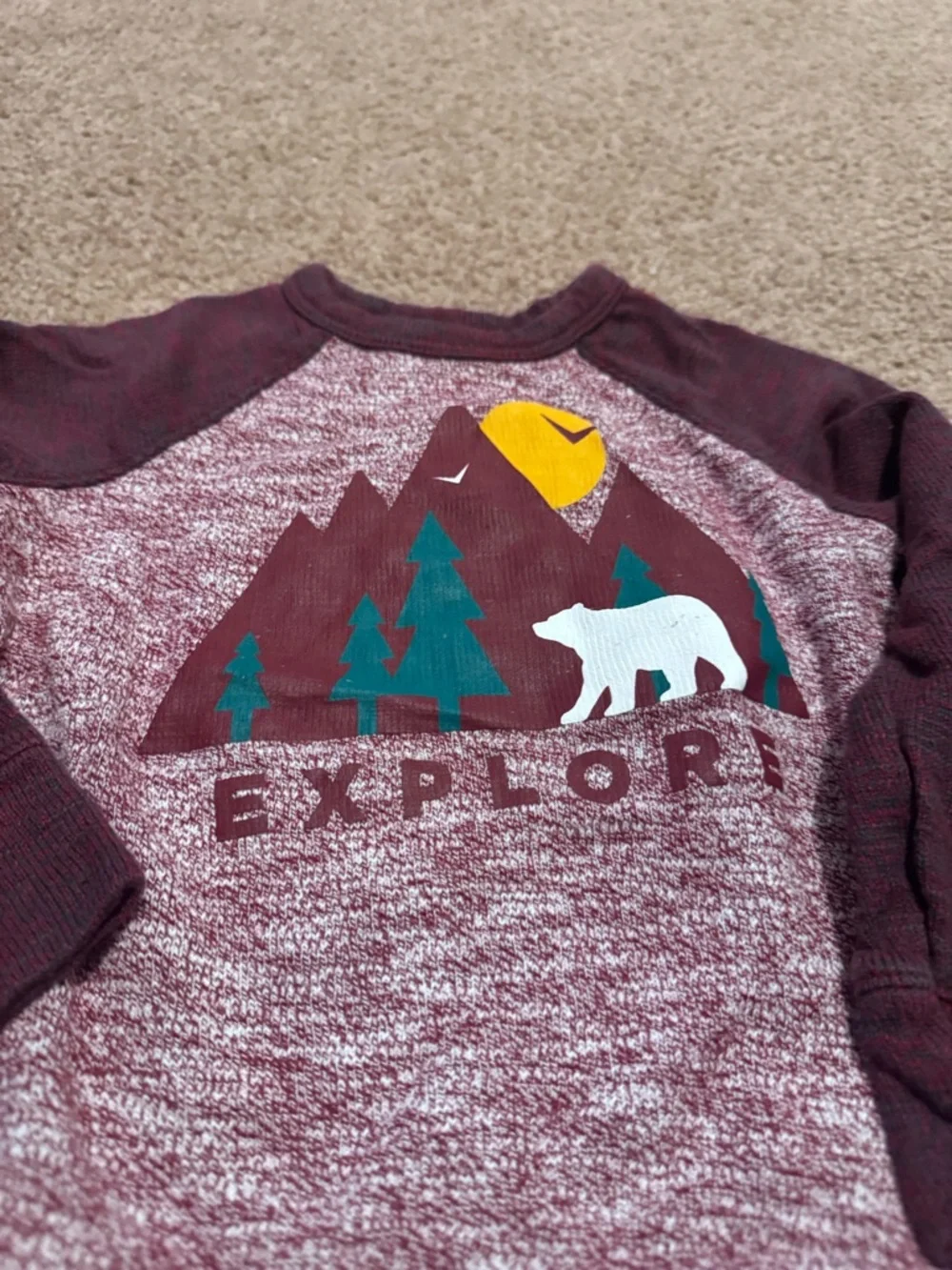 Old Navy Maroon Raglan 'Explore' Sweatshirt with Teal Accent